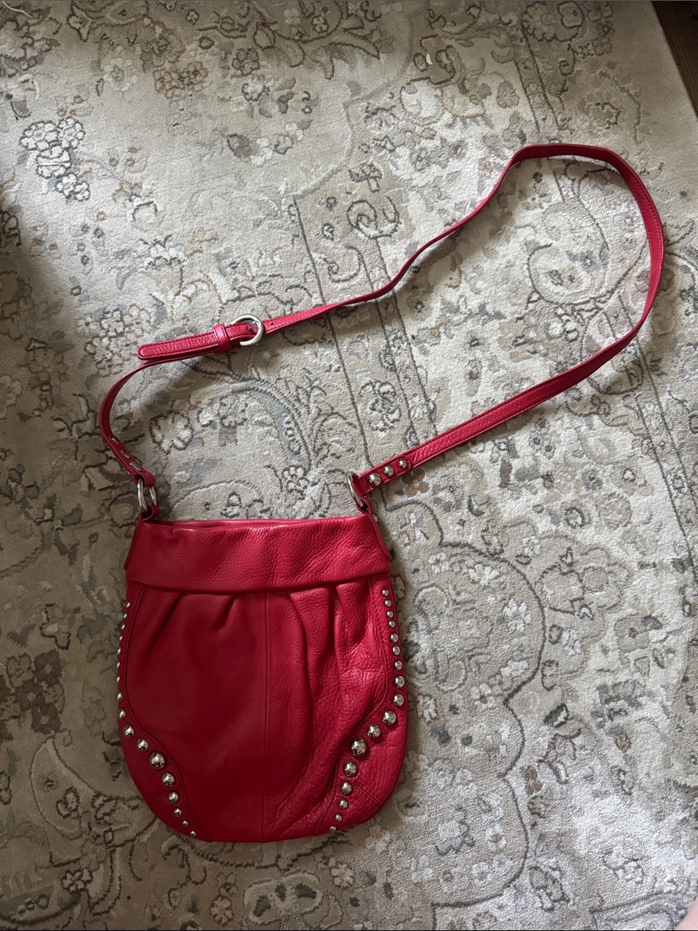 b. makowsky Red Leather Stud-Trim Crossbody Saddle Bag